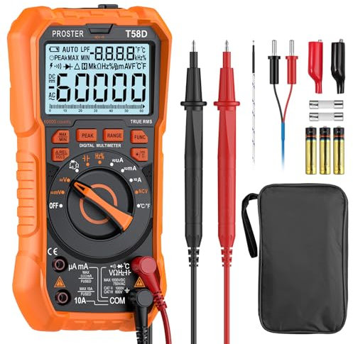 Proster Multimetro Digitale 60000 Conteggi 10A 1000V TRMS Corrente e Tensione AC/DC Duty Cycle Tester Elettricista Test NCV Con Misurazione del Picco e Promemoria del Jack Display Analogico a Barre