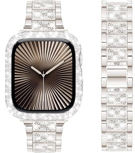 DEALELE Cinturini e custodia compatibili con Apple Watch da 49 mm, 46 mm, 42 mm, 45 mm, 41 mm, 44 mm, 40 mm, 38 mm, cinturino in metallo con strass e custodia protettiva per iWatch Series