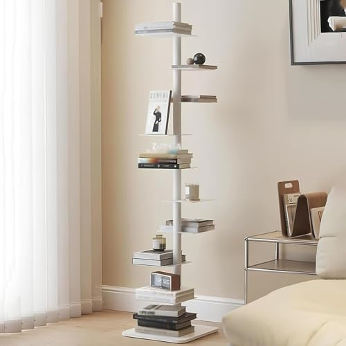 SAYEYBU Unsichtbares BüCherregal, 9-Stufiger BüCherturm Mit Vertikalem RüCken, Mehrzweck-Eck büCherregal, Robuste Buchorganisatoren Aus Metall, BüCherstäNder,Weiß