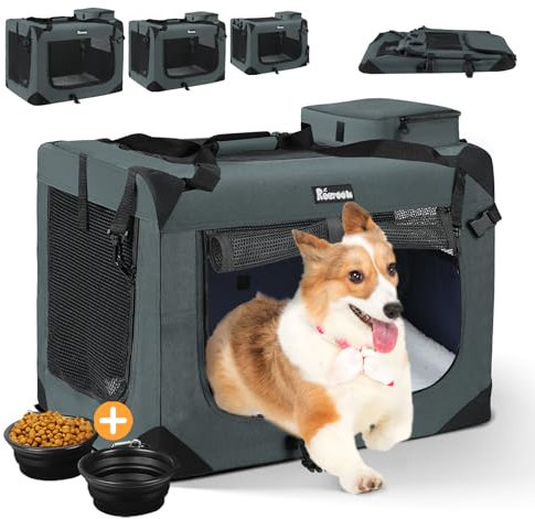 Reerooh Hundebox L 70x52x52cm, Faltbar Hundetransportbox Inkl.Hundenapf, Tragbare Hundetasche für Reisen, Hunde und Katzen Auto Haustiertransportbox (L, Grau)