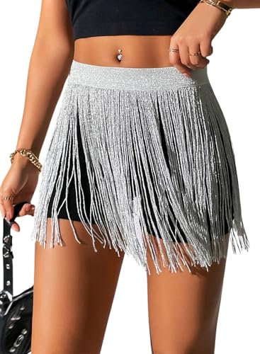Damen Quaste Rock - Festival Accessoires Rave Outfit Mode Punk Fransen Röcke Sexy Minirock Techno Skort Taillengürtel Gothic Gürtel Skirt Frauen Strand Tankinis(Silver,M,1117w)