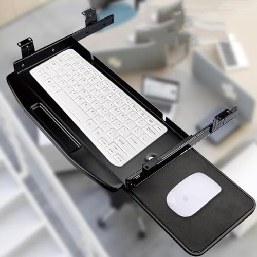 IUBGFTO Keyboard and Mouse Tray Under Desk, Ergonomic Pull Out Keyboard Platforms Smooth Slide Out Computer Keyboard & Mouse Tray for Desk/Black/Long (White Short)