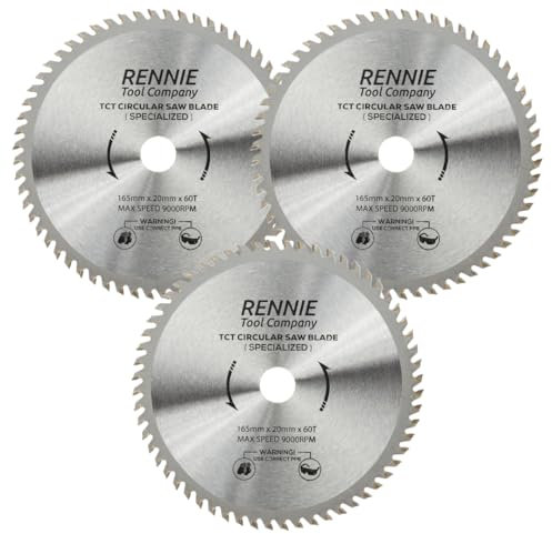 (PACK OF 3) 165mm x 20mm Bore x 60T TCT Cordless Circular Wood Saw Blades. Fits Bosch Makita Ryobi Dewalt DC390, DWE007, DCS391, DC391N Circular Saws etc, Thin Kerf