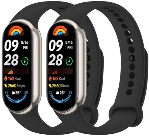 Mugust 2 Stück Armband für Xiaomi Mi Band 8/Xiaomi Mi Band 9/Xiaomi Mi Band 10 Armband, Weiches Silikon Atmungsaktiv Ersatzarmband für Xiaomi Mi Band 9/Mi Band 8 Armband (Schwarz+Schwarz)
