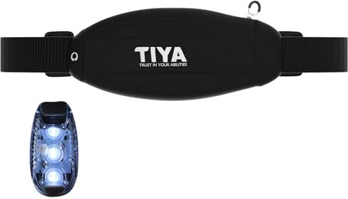 TIYA Mobile Phone Holder Running Belt for Men and Women with Clip-On LED Light - Adjustable Waist Bag Strap (70-105cm), Large Smartphone Pouch, 3 Pocket Runners Bumbag (Black)