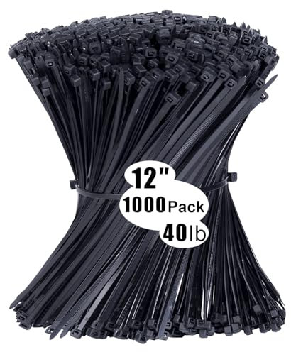 Cable Ties 1000 Pack,12 inch Zip Ties Black, 300 x 3.6mm Nylon Ties 40lb Tensile Strength with UV Resistant, Plastic Tie Wraps Self Locking Large Heavy Duty Cable Wrap for Workshop Indoor and Outdoor