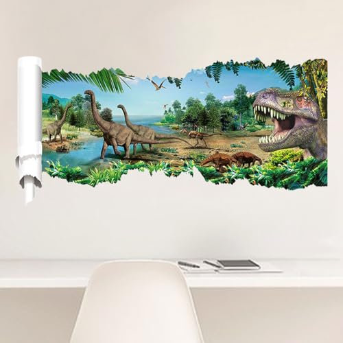 SanKristo 3D Gebrochene Wand Dschungel Dino Sticker, Selbstklebende Realistisch Dinosaurier Wandtattoo Wandaufkleber Wanddeko Haus Aufkleber, Kinderzimmer Wohnzimmer Schlafzimmer Küche Wandsticker