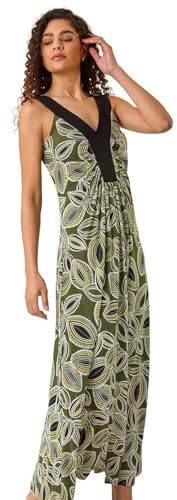 Roman Originals Women Floral Contrast Band Maxi Dress - Ladies Summer Holiday Evening Dinner Everyday Daywear Casual Stretch Jersey Sleeveless V Neck Floor Length Dress - Khaki - Size 20