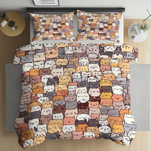 Kntnshac Cartoon Katze Bettwäsche 155x220 Niedliche Bunte Katzen Wendebettwäsche Bettwäsche-Set Microfaser mit Reißverschluss,Enthält 1 Bettbezug und 2 Kissenbezug 80x80 cm