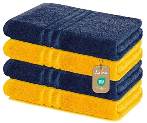 Lavea Lot de 4 Serviettes de Douche - 70 x 140 cm - 100% Coton - Serviettes éponge Douces et absorbantes - 500 g/m² - Uni et Bicolore - Certifié Öko-Tex - Lavable jusqu'à 60 °C - Bleu Marine et Jaune