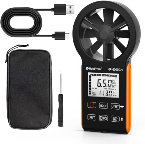 H HOLDPEAK Anemometer, Windmesser für Windgeschwindigkeit & Luftstrom | Misst Luftstrom (m³/h), Temperatur & Windgeschwindigkeit – mit LCD-Beleuchtung und Akku, ideal für Lüftung, Outdoor & Surfen.