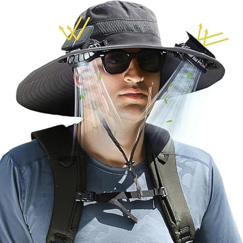 2025 Update Wide Brim Solar Fan Hat, Outdoor Wide Brim Sun Hat with 2 Solar Fan, Removable USB Charging Fan, Hiking Camping Fishing Hat