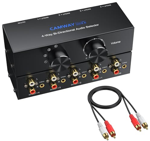 CAMWAY 4(1) In-1(4) Out RCA L/R Stereo Audio Switch, Bidirektionaler Audioschalter mit Lautstärke-/ Off Schaltknopf, Passiv Stereo Aux Umschalter für Lautsprecher Kopfhörer Verstärker CD-Player usw.