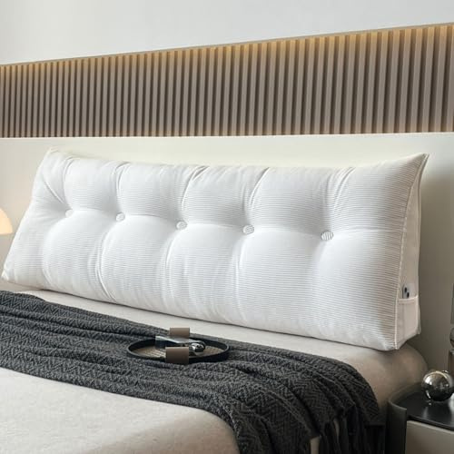 Großes Keil-Lesekissen, Bett-Rückenkissen, dreieckiges Kopfteil, Rückenlehnenkissen, Cord, Lendenwirbelstütze, Positionierungsrolle für Bett, Sofa, mit abnehmbarem Bezug (100 x 50 x 20 cm, Weiß)