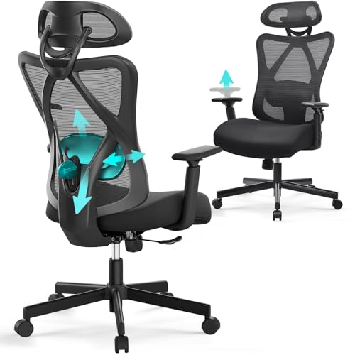 BASETBL Ergonomic Office Chair with Adjustable Lumbar Support, High Back Mesh Desk Gaming Chair, 3-Position Tilt Lock & Height Adjustable Armrests, TUV & EN1335 Certified, Heavy Duty 150kg, Black