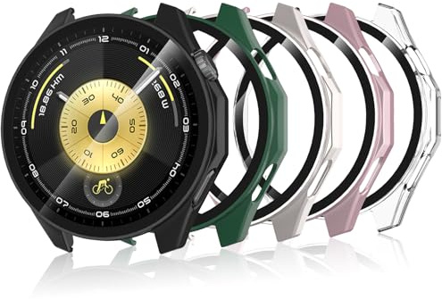 Bigqin 5 Stück Schutzhülle Kompatibel mit Huawei Watch GT 6 46mm, Hart PC Hülle mit Displayschutzfolie, HD Case Cover mit gehärtetem Glas - Grün/Schwarz/Rosegold/Transparent/Silber