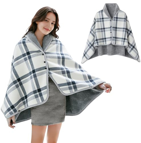 GHUAP Cape Decke, Tragbare Decke, Karierte Schoßdecke, Bequemer Poncho Plüschdecken, Überwurf Schal Wickelbezug Umhang mit Knöpfen für Bett Sofa Büro (Grau)