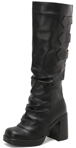 Smilice Stivali al ginocchio da donna retrò | Punta quadrata con fibbie stivali 9 cm tacco stile urbano escursioni, Nero , 36 EU