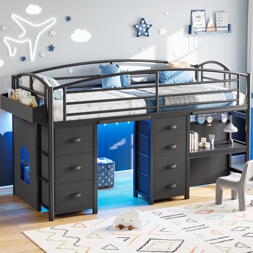 Low Loft Bed Twin Size with 7 Storage Drawers, Desk and LED Lights, Heavy Duty Metal Kids Loft Bed with 12 H Safety Guardrail, Anti-Collision Pad, Private Play Curtain, Under-Bed Play Space - Black