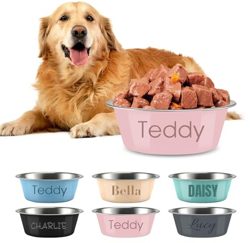 Personalised Stainless Steel Dog Bowls, Customizable Pet Names, Anti-Slip Mats, Printed Pet Bowls, Pet Supplies, Water Dispensers and Food Bowls (Pink)
