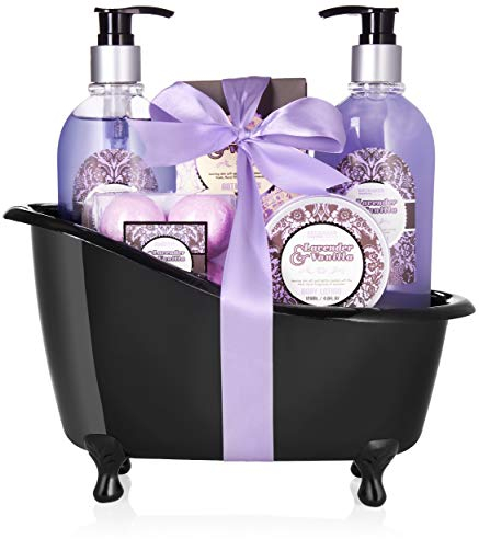 BRUBAKER Cosmetics Bade-Geschenkset Lavendel Vanille mit Deko Badewanne schwarz 9-teilig