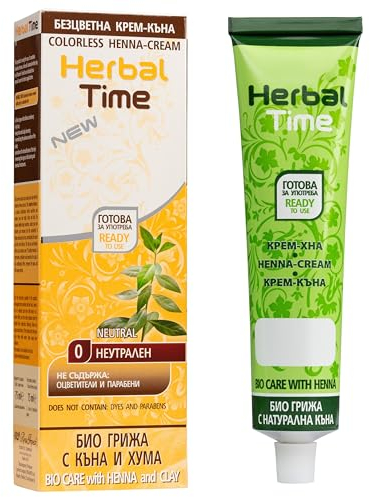 Herbal Time Henna Natural Colorante en Crema con Arcilla | Henna Pelo | Cubre Canas | Crema Tinte Coloración Temporal | Sin Amónico, Sin Sulfatos y Sin Parabenos | Sin Color 0 | 75ml