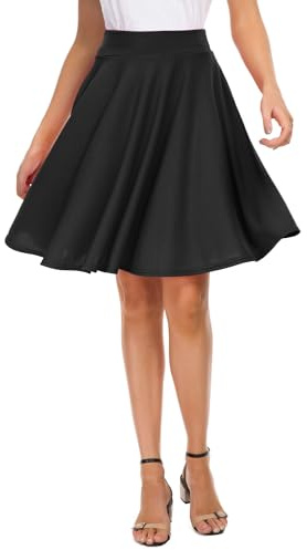 EXCHIC Women's Casual Stretchy Flared High Waist Skater Skirts Basic A-Line Pleated Midi Skirt (XL, Black)