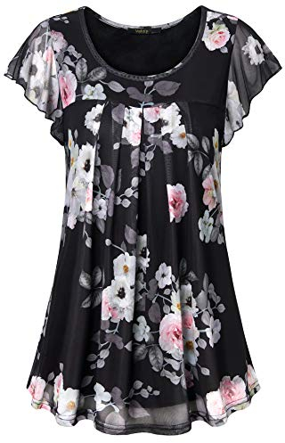 Vafoly Tunika Blusen Sommer,Damen Shirts für Leggings Flatterärmel Flowy Shirt Casual Locker Sitzendes Blumen Tunika Top mit Falten Mehrlagig Angenehme Hemd Mehrfarbig Schwarz 2XL