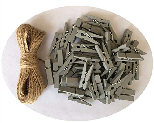 DurReus Pinzas de madera para fotos, ropa de viaje, accesorios de decoración del hogar con cordel de yute, color gris, paquete de 50