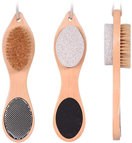 4-in-1 Pumice Stone Wooden Foot Scrub Brush Hard Skin Callus Removerwith Foot Care Bristle Brush, Pumice Stone, Mental Foot Rasp, Sand Paper and Bamboo Handle