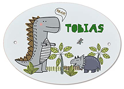 FEENSTAUB Türschild Kinderzimmer mit Name personalisiert, Dino Dinosaurier Schild, Türnamenschilder Kinderzimmer, Tür Namensschild, Tür Schild mit Name, Türbeschilderung, Ovales Kunststoffschild
