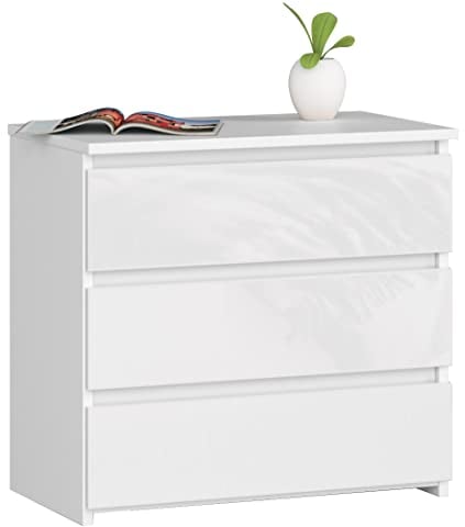 AKORD Commode CL-3 avec 3 tiroirs | Commode Classique pour La Chambre, Salon | Meuble de Rangement | L60 x H57 x P35 cm | Poids 26 kg | Blanc/Blanc Brillant