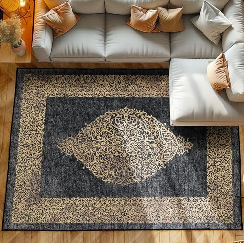 SIMPEX Kurzflor Teppich, Barock Design, Teppich Schwarz, 200 x 290 cm, Teppich Vintage-Stil, Teppich Wohnzimmer Waschbar