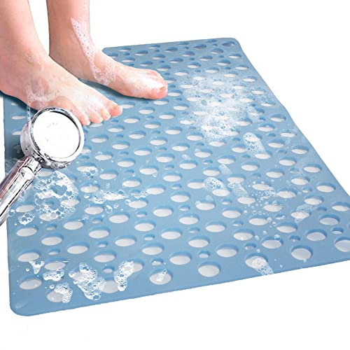 Venuso Tapis de douche carré antidérapant, anti-moisissure, tapis de bain antidérapant en caoutchouc avec trous de drainage, lavable en machine, bleu, 43 x 75 cm