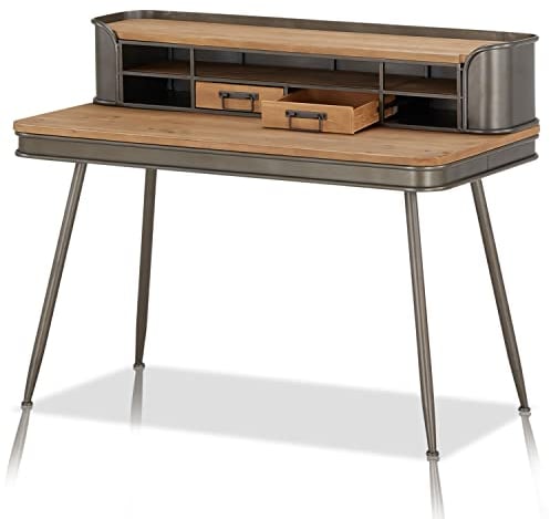 KHG Schreibtisch mit 5 Fächern & 2 Schubladen, Sekretär aus braunem Massiv-Holz & lackiertem Metall-Mix im Vintage-Industrial-Look, Kiefer-Echtholz - 120 x 95 x 65 cm (B/H/T)