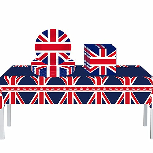 Union Jack Party Tableware Set,37Pcs VJ Day Flag Plastic Table Cloth,Paper Plates Napkins UK Flag Great Britain Dinnerware Set for VJ Day 80th Anniversary Decorations,Royal Union Jack Party Supplies