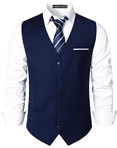 PARKLEES Herren Hipster Urban Design Business formelle Weste Slim Fit Anzug Smoking Kleid Weste, marineblau/weiß, L