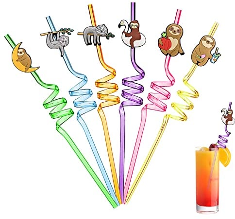 Ulife Mall Reusable Drinking Straws Novelty Sloth Party Straw Curly Hard Plastic Straws Kids Birthday Decorations Supplies Family Reunion Party Favors - Pack of 6