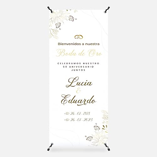 Cartel Bienvenida Boda Personalizado - Photocall Boda de Oro | Print Stamp Love, Decoracion de bodas de oro, Lona personalizada PVC Resistente con Estructura (70x180cm) MODELO 1