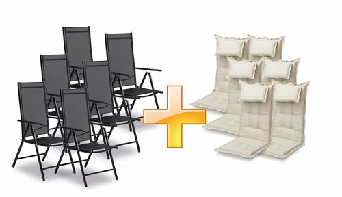 sunnypillow 6er Set Gartenstühle und Gartenstuhlauflagen Hochlehner | 120x50x9 cm Hochlehner Auflage wasserdicht UV-lichtecht | Klappstuhl für Garten Polsterauflagen Stuhlauflage | Cremefarben