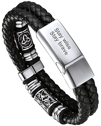 Bandmax Personalisiertes Flechtarmband Männer 21cm Lederarmband Magnetverschluss Armband Geflochtenes Armband aus Mikrofaser-Leder Manschette Armreif mit Kompass und keltischem Schmuckzubehör
