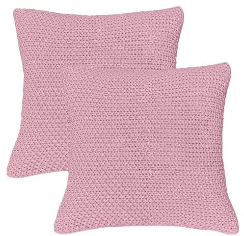 wometo 2er Set Kissenbezüge Strick 45x45 cm rosa - Reißverschluss Oeko-TEX Sofakissen Dekokissen warme weiche Kissenhülle mit edlem und schlichtem Strickmuster rosa