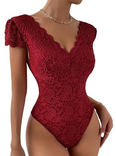 Haibang Women Short Sleeve Bodysuit Top Sexy V Neck Slim Fit Lingerie Bodysuit Floral Lace One Piece Jumpsuit Shapewear Backless See-Through Leotard Tops Fashion Going Out Tops Clubwear