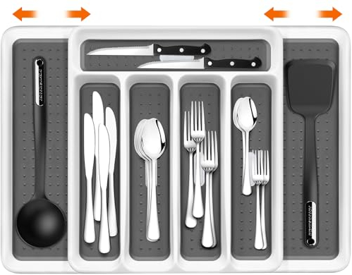 BBLTIFF Range Couverts Extensible, Organisateur de Tiroir Réglable pour la Cuisine, Range Couverts avec 5 à 7 Tiroirs Réglables pour Contenir des Cuillères, Fourchettes, Noir