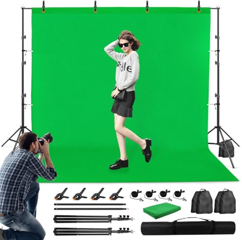 Heorryn Toile de fond verte avec support, kit de support de photographie de 3 m avec fond en mousseline Chromakey pour photo, vidéo, studio, portrait
