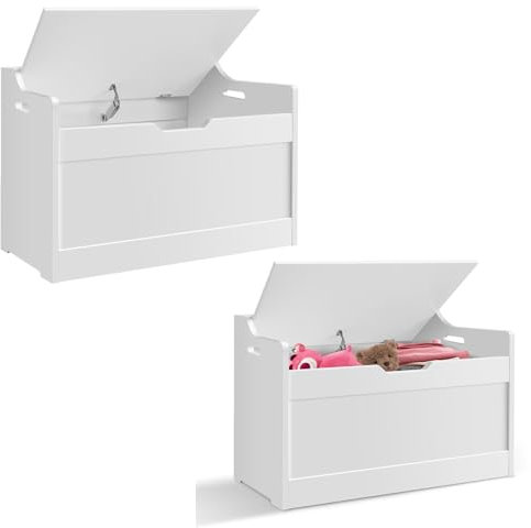 Wooden Kids Toy Box Tabletop 0.98 * 2.29 FT, Storage Stool with Lid and Safety Hinges, MDF Sturdy and Safe, for Toys and Storage, White Contemporary Style, Height 1.52FT, White