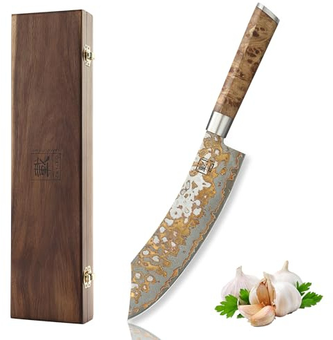 zayiko MysticMagma Blockmesser 20 cm Klinge 67 Lagen Damaststahl, VG10-Kern | Kupfer-Bronze-Einlage, DualCurve-Griff aus Ahornwurzelholz, 60 ± 2 HRC und 15° V-Schliff für präzise Druck- und Zugschnitte