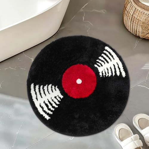 Percozzi Vinyl-Schallplatten-Badematte, rund, 59,7 cm, Schwarz und Weiß | Retro-Badewannenteppich, rutschfest, waschbar, saugfähig, getuftet, Musik-Themen-Dekor