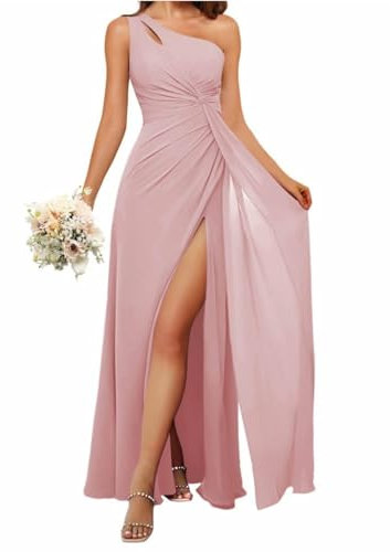 HPPEE Damen Einschultriges Brautjungfernkleid mit Schlitz, fließendes Chiffon, langes formelles Kleid für Frauen, Dusty Rose, 34