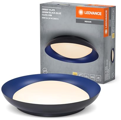 LEDVANCE Orbis Plate LED-Deckenleuchte, schwarz-blau, 45W, 2200lm, 3000K, 480mm, 830 freundliches Warmweiß, durch Kicken in 3-Stufen dimmbar, IP20 Schutz, Montageschrauben und Dübel inklusive